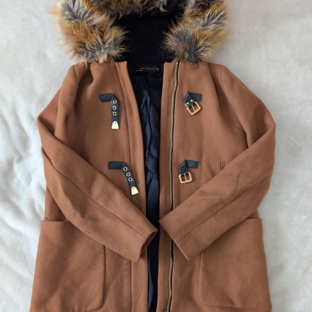 Zara Brown Pea Coat with Faux Fur Hood